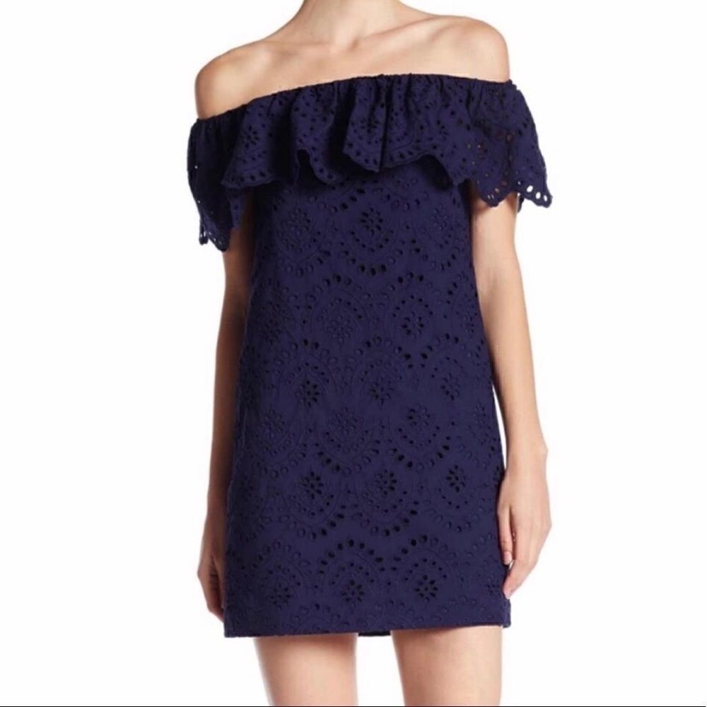 ‎CYNTHIA STEFFE Blue Eyelett Off Shoulder Dress 0